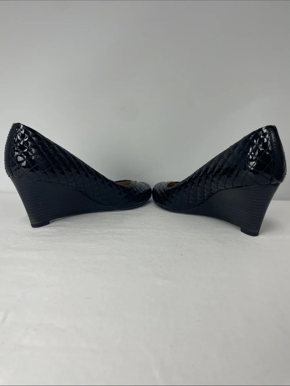 Tory Burch Black Quilted Patent Wedge Pumps, Size 8